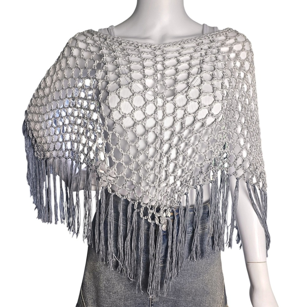 Handmade Crochet Shawl Women Gray Ombre Fringe Cotton Boho Poncho - Picture 7 of 10